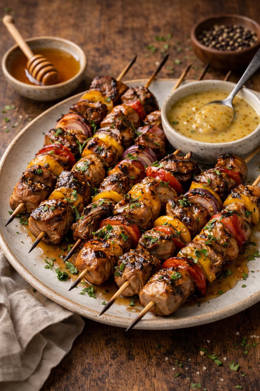 BBQ-spiesjes met honing-mosterdsaus